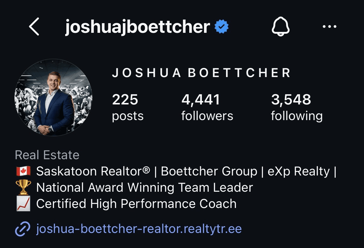 Joshua Boettcher's Instagram profile with joshua-boettcher-realtor.realtytr.ee as the bio link